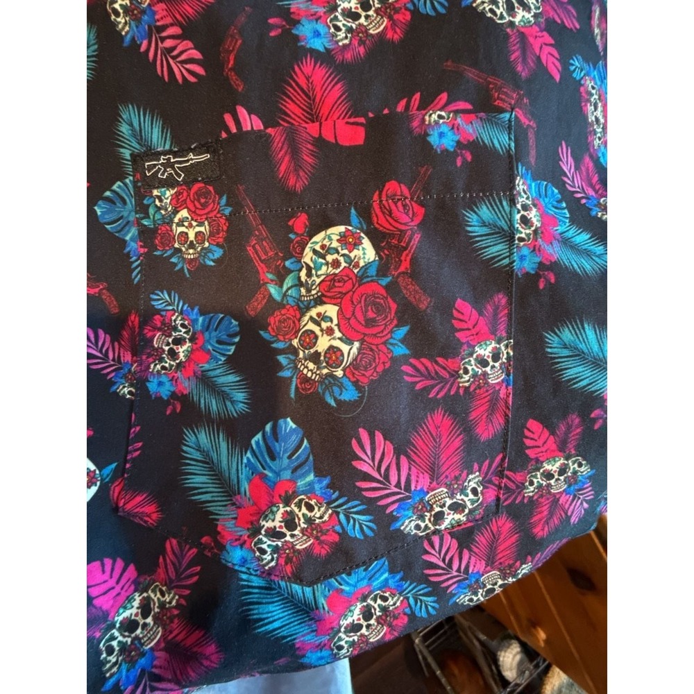 Retro Rifle Skull Floral Print Short Sleeve Button Down Shirt 3XL - Picture 5 of 5
